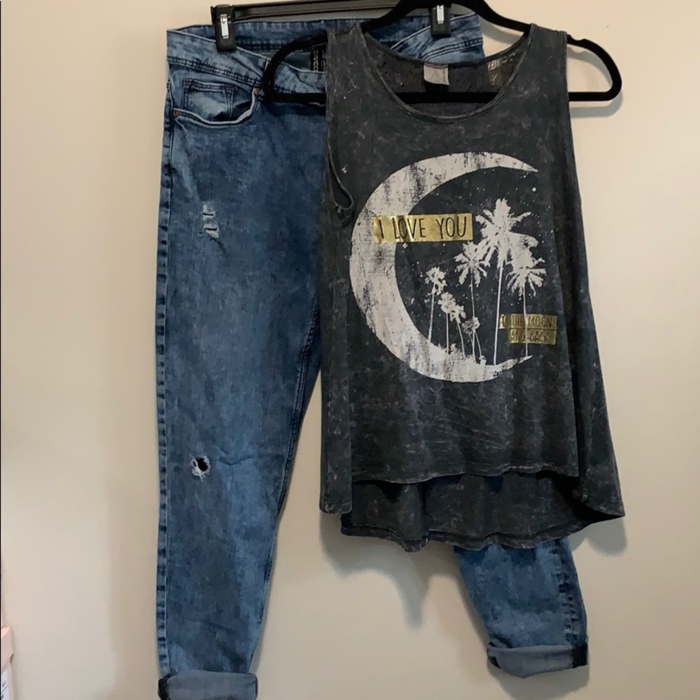 American Age Stone Wash Lace Back Graphic Tank Top